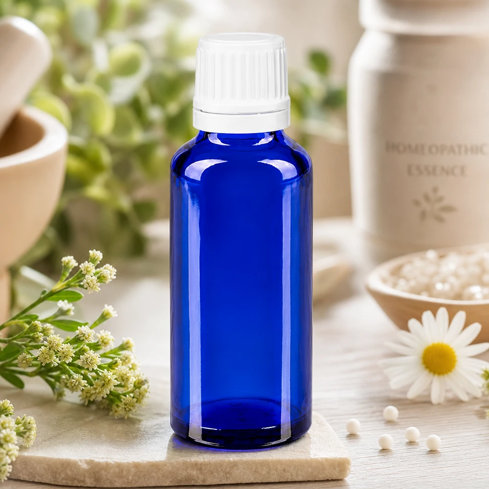 Blauwe glazen flessen 30ml met wit druppelsluiting 1.2mm VR Kleine blauwe glazen fles met originele sluiting en druppelaar voor kruidenextracten en tincturen