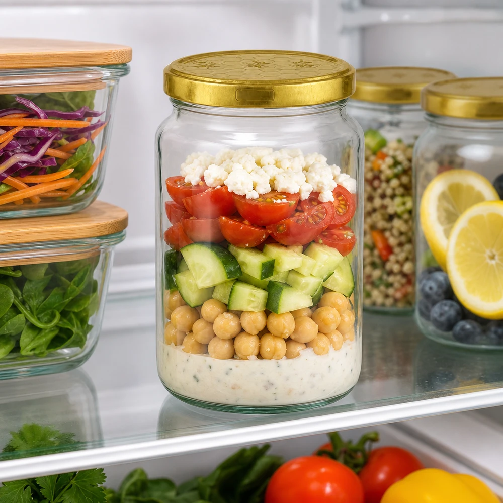795 ml ronde pot met gouden deksel voor maaltijdsalade in de koelkast - perfect om te bewaren