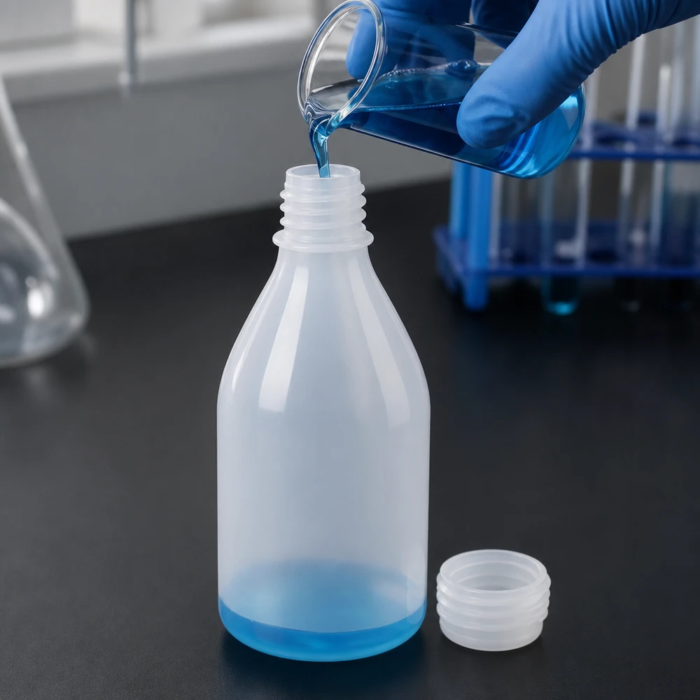 Fles van 100 ml met smalle hals, gemaakt van LDPE-kunststof, met schroefdop voor het veilig bewaren van chemicaliën