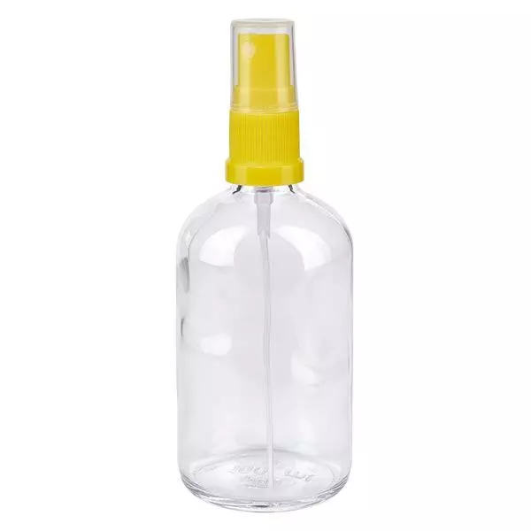 Helder glazen flessen 100ml met geel pompverstuiver Helder glazen flessen 100ml met geel pompverstuiver