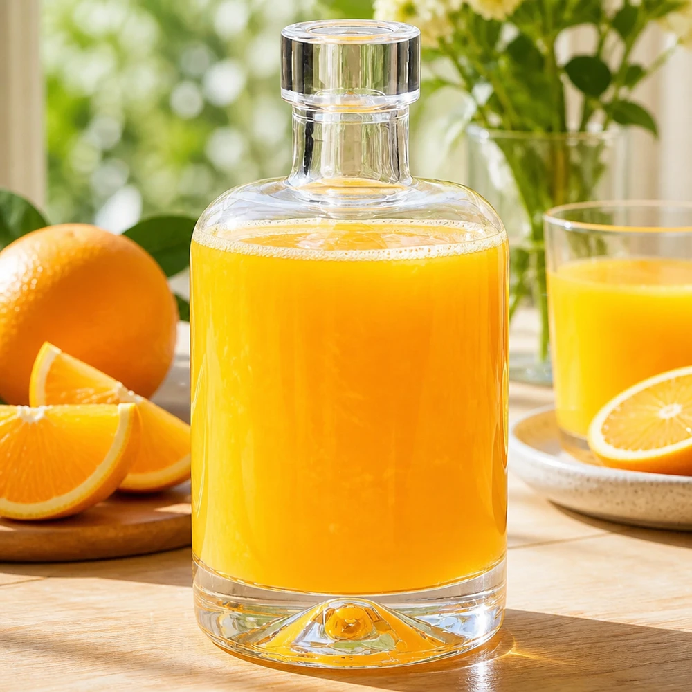 50ml glazen fles Amelie gevuld met sinaasappelsap naast verse sinaasappels toont gebruik voor vruchtensappen en smoothies