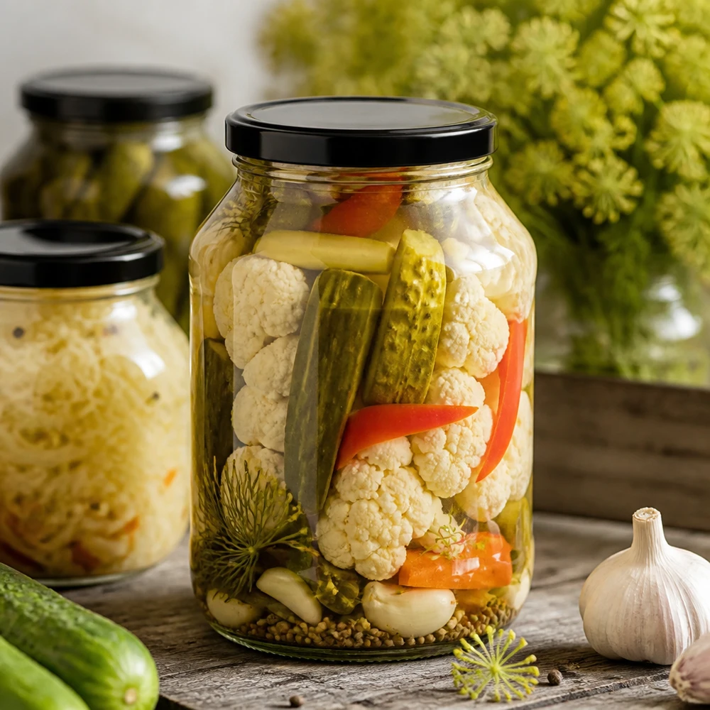 Inmaakpot 2650ml met zwart deksel gevuld met ingemaakte groenten komkommer bloemkool op houten tafel