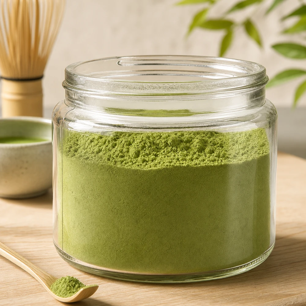 Glazen pot 250ml helder gevuld met groen matcha poeder naast bamboe garde op houten tafel Theebereiding