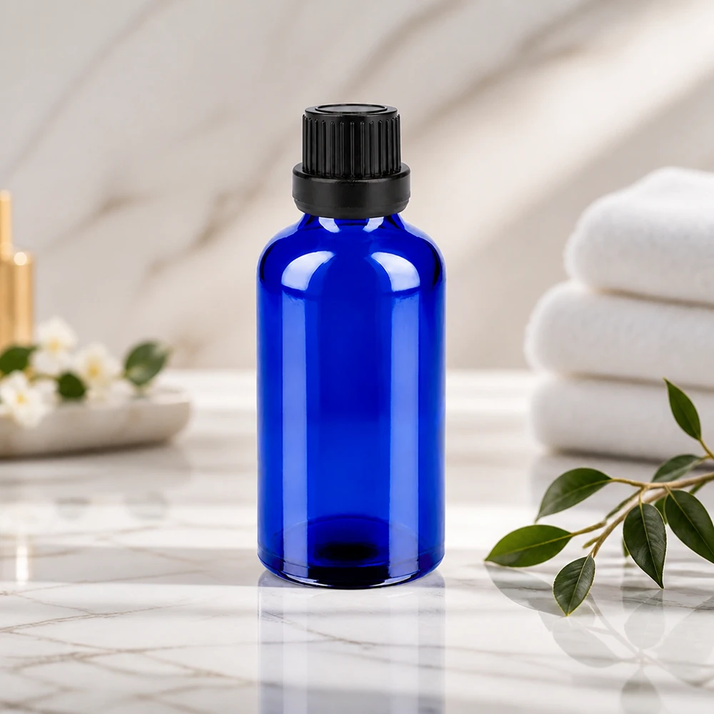 50ml flacon 11mm SV zwart OV BlueLine UT18/50 Milieuvriendelijke herbruikbare fles van 50 ml gemaakt van kobaltglas met herbruikbare schroefdop
