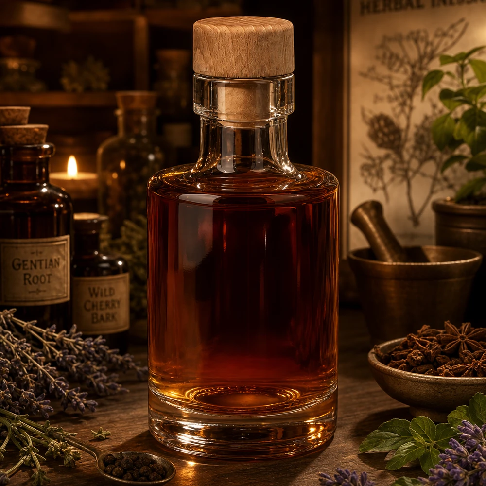 100 ml glazen fles Marie met houten kurk UNiTWIST® 100ml glazen Marie fles met houten kurk gevuld met bruine tinctuur in apothekerssfeer met kruiden en specerijen