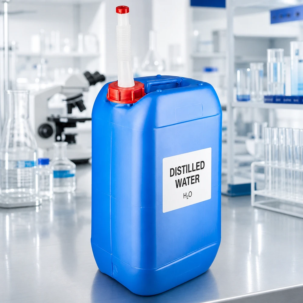 Rechthoekige blauwe kunststof jerrycan van 15 liter met flexibele slang en handgreep met goede grip