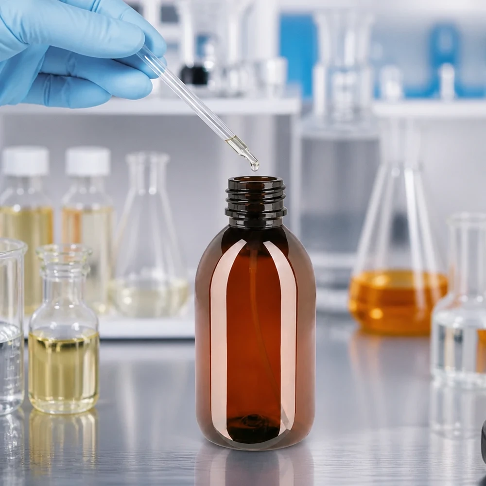 250 ml PET medicijnfles met verstuiver zwart GCMI 28/410 incl. dop transparant, standaard Braune UV-Schutz PET Flasche 250ml mit Zerstäuber für Laboranwendungen