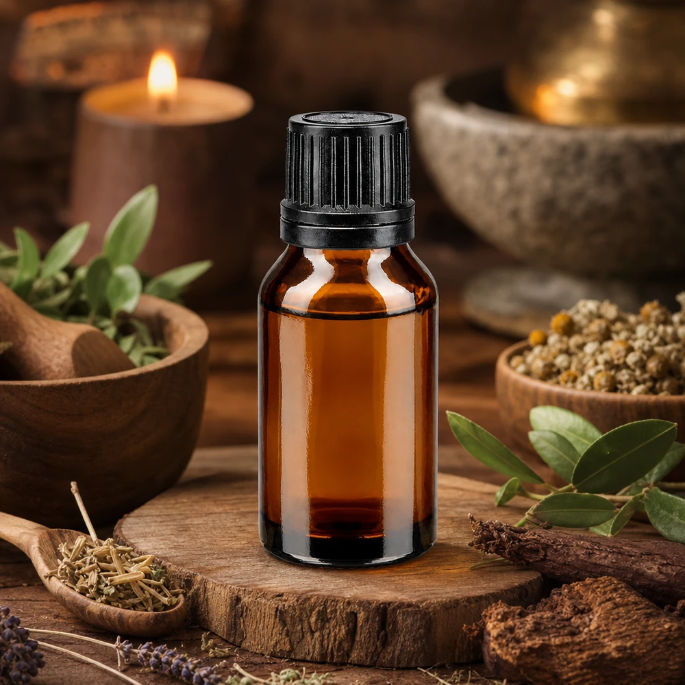 Aromatische kruiden en een bruine apothekersfles van 15 ml met een zwarte druppeldop op een houten voetje
