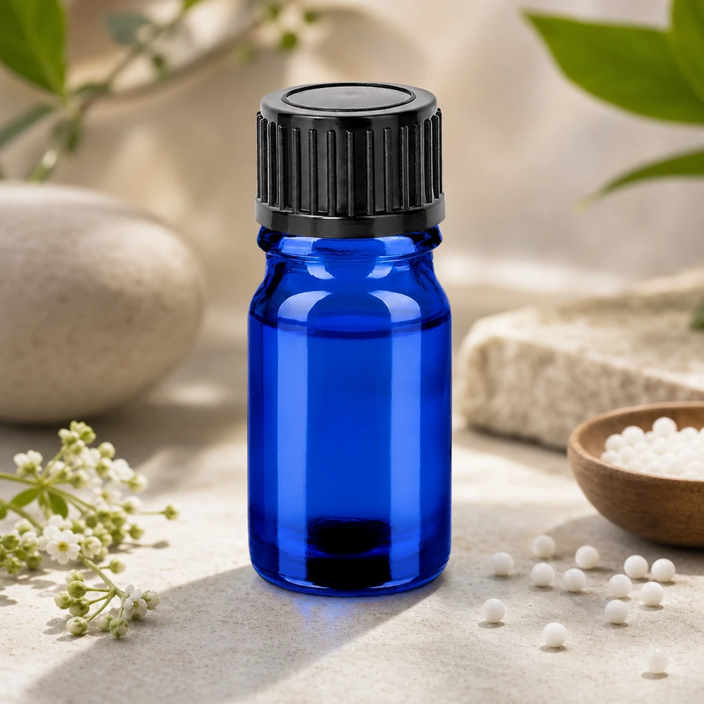 Handig portie flesje 5ml in blauw, ideaal voor op reis en onderweg