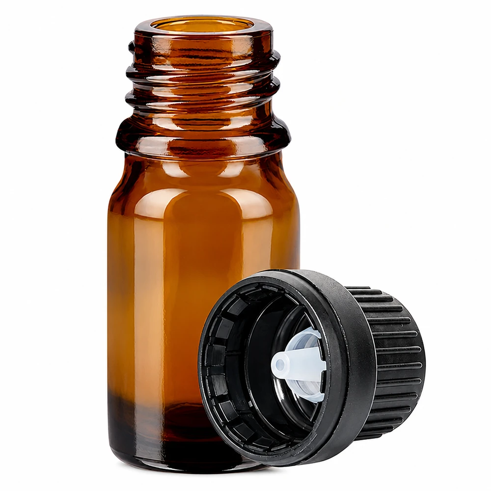 5ml druppelflesje 2mm zwart OV BrownLine UT18/5 Amberkleurig glazen flesje van 5 ml met druppeltuit van 2 mm en zwarte schroefdop voor nauwkeurig doseren