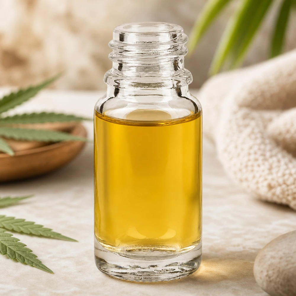 Doorzichtige apothekersfles van 10 ml ClearLine DIN18 met gele CBD-olie tegen een natuurlijke achtergrond