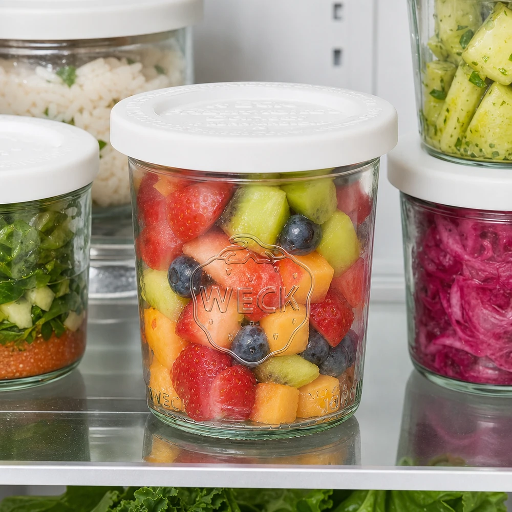 WECK RR60-pot van 160 ml met vershouddeksel WECK RR60 bekers van 160 ml met kleurrijke fruitsalade in de koelkast - Maaltijdverpakking voor vers fruit