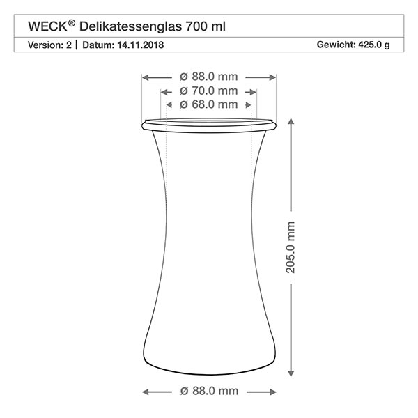 Set van 6 Weck potten 700 ml delicatessenpot met glazen deksels WECK delicatessenpot 700ml RR80 technische tekening met afmetingen 88mm diameter 205mm hoogte Productspecificatie
