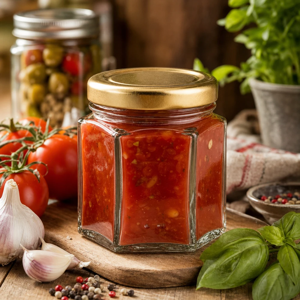 60g zeshoekig honingpotje gevuld met tomatenjam omringd door verse tomaten, knoflook en basilicum