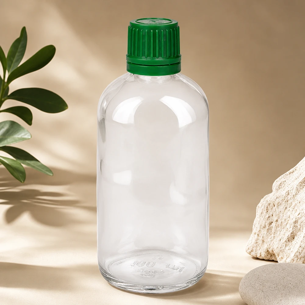 Doorzichtige ClearLine-apothekersfles van 100 ml met kindveilige groene dop van 11 mm SV OV