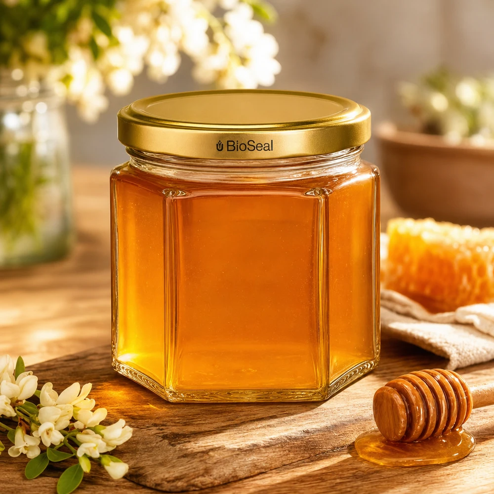 47ml hexaglas met BioSeal deksel goud UNiTWIST Hoogwaardige UNiTWIST Hexa47 honingpot met gouden BioSeal dop naast honingraat en honinglepel