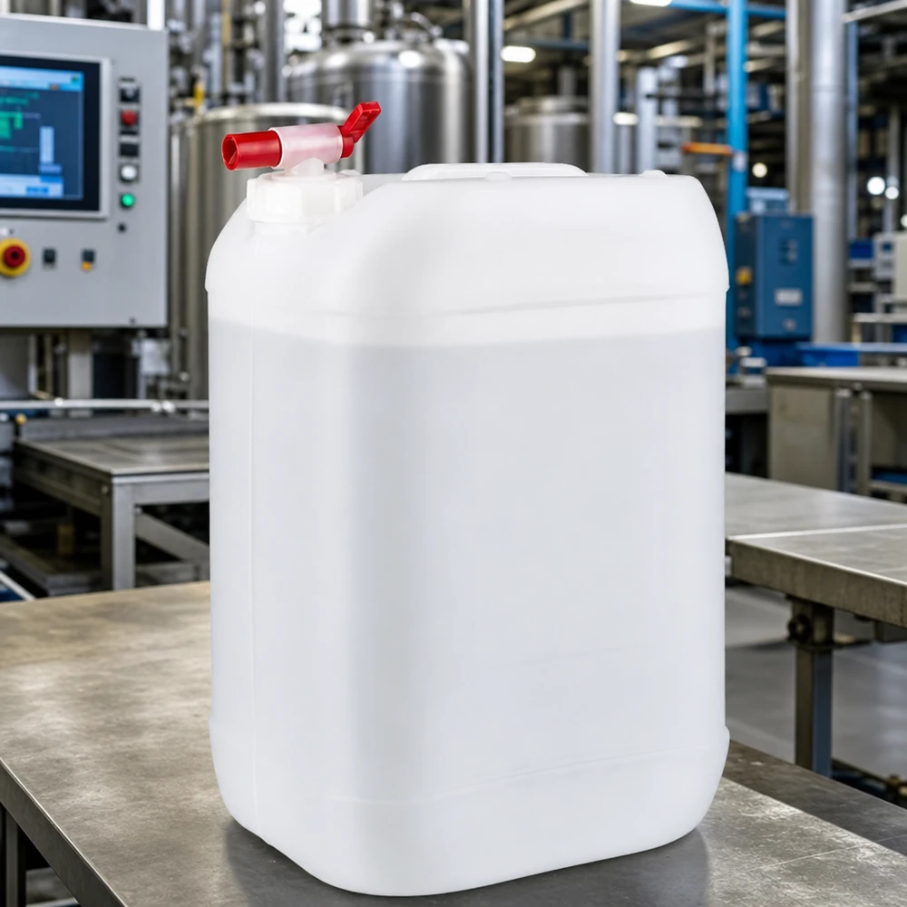Ruim HDPE-vat van 25 liter met aftapkraan op een roestvrijstalen oppervlak