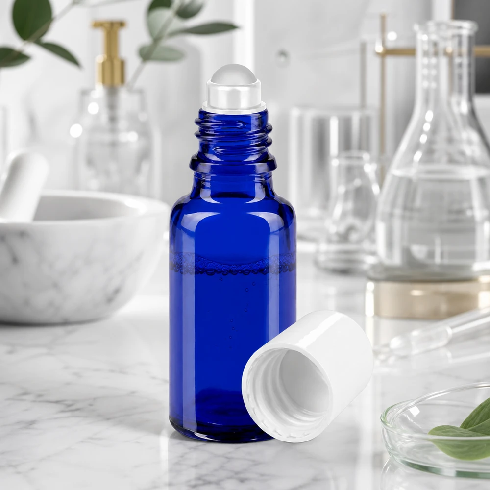 Blauw rollerflesje van UV-bestendig glas naast farmaceutische laboratoriumapparatuur