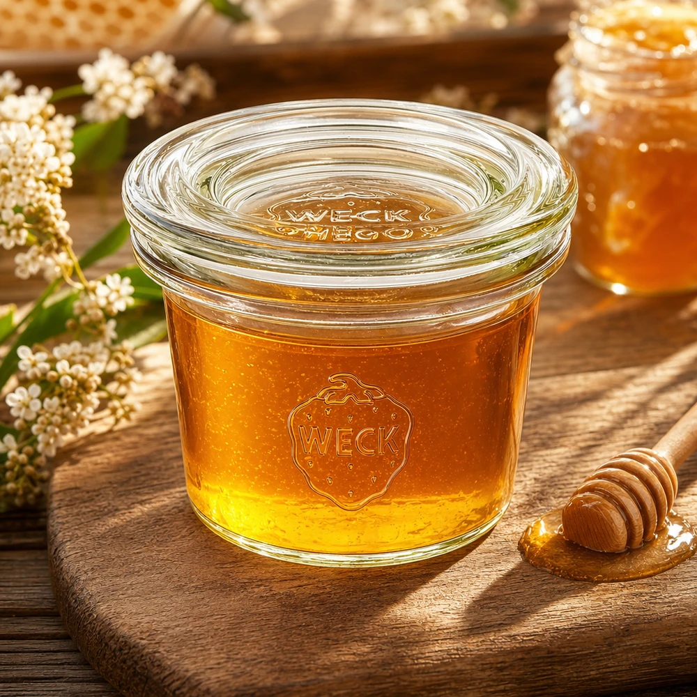 WECK glazen pot 35ml RR40 gevuld met honing tussen bloemen op houten plank toont natuurlijk gebruik
