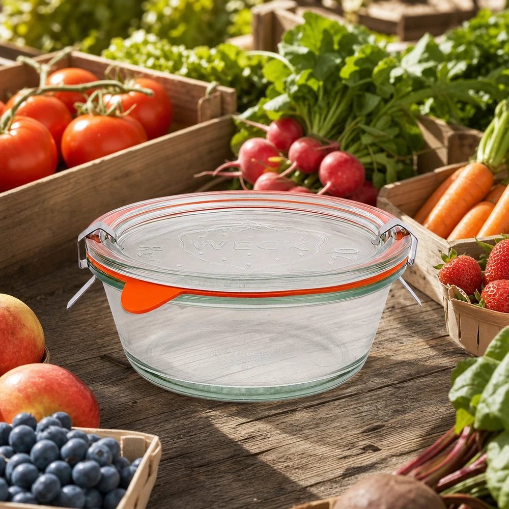 300ml gourmetglas compleet WECK RR120 WECK gourmetpot 300ml RR120 omringd door verse marktgroenten in houten kratten, duurzame glasconservering