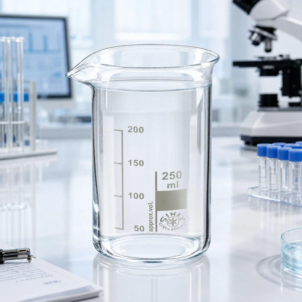Maatbeker van 250 ml, hoog model, van borosilicaatglas, met opgedrukte ml-schaalverdeling voor nauwkeurig doseren