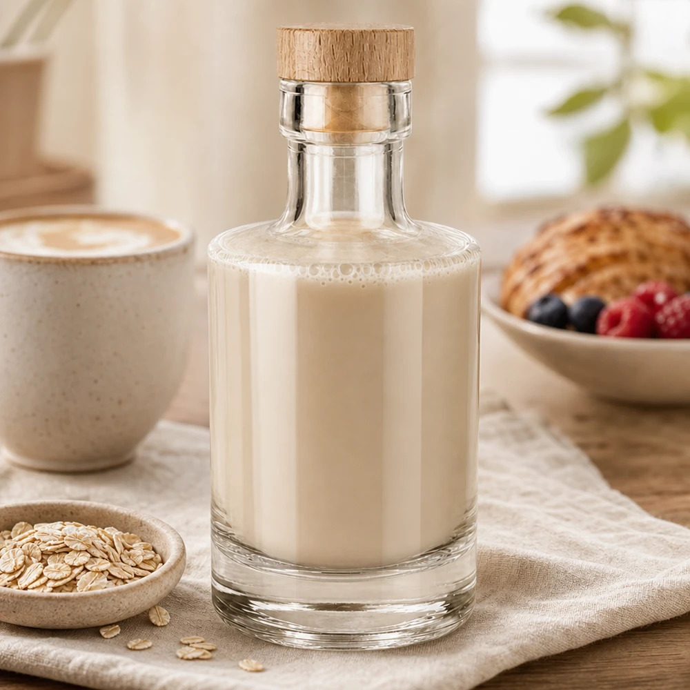 200ml Glasflasche Marie mit cremiger Hafermilch befüllt, Holzkorken, gemütliches Frühstücks-Ambiente mit Haferflocken un