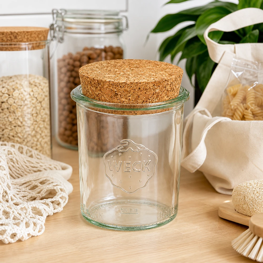 160ml stortglas WECK RR60 met kurk WECK voorraadpot 160ml RR60 met kurkdeksel in duurzame zero-waste keuken tussen voorraadpotten en natuurlijk textiel