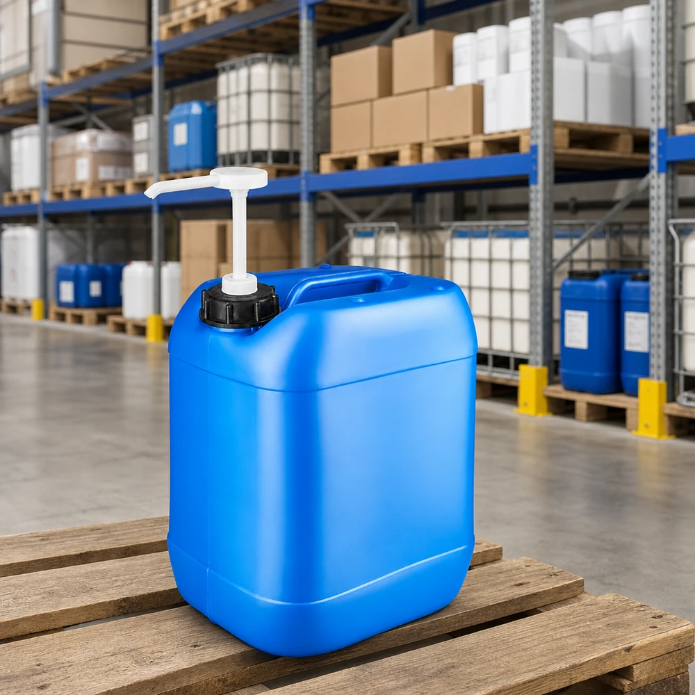 Grote verpakking van 20 liter, blauwe jerrycan met doseerpomp, omringd door opslagrekken