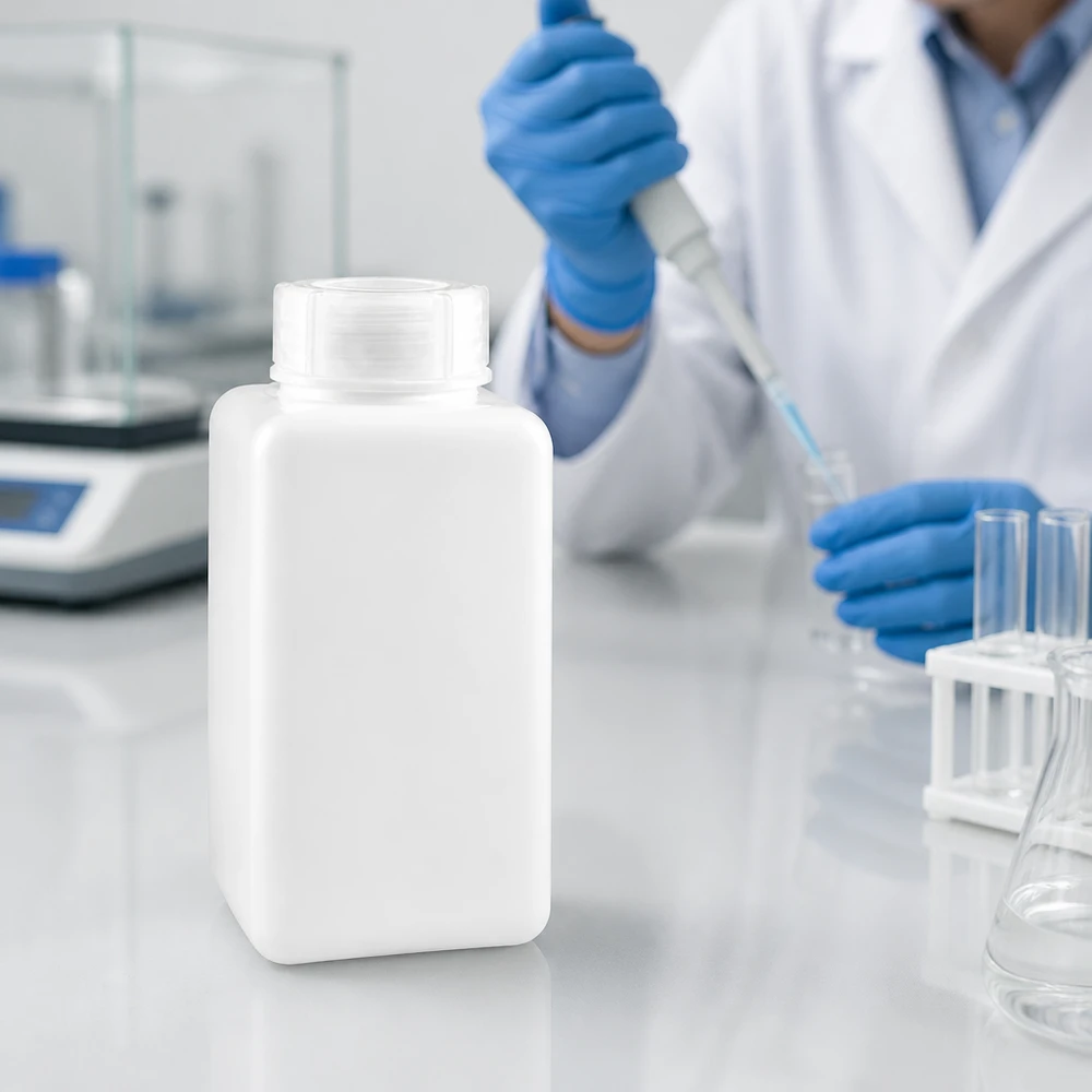 Chemicaliënfles 1500 ml, wijde hals, incl. sluiting GL 65 Grote laboratoriumfles van 1500 ml, gemaakt van voedselveilig PE-HD, natuurwit, bestand tegen chemicaliën