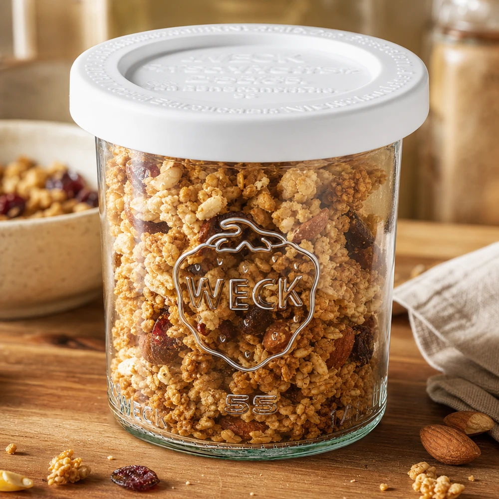 WECK RR60 voorraadpot 140 ml gevuld met muesli en noten - veelzijdige voorraadpot voor droge voedingsmiddelen