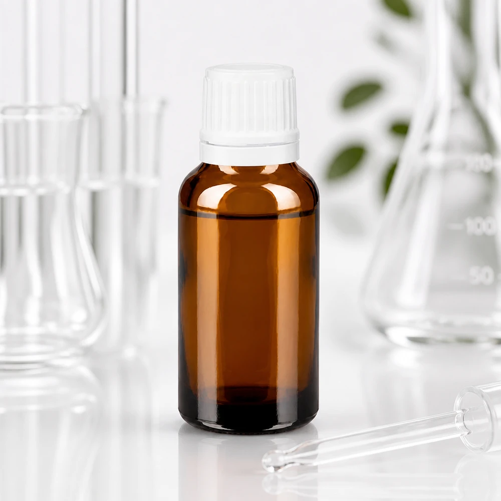 Bruine glazen fles 20ml met wit druppelsluiting 1.2mm VR Farmaceutische druppelfles van 20 ml, vervaardigd uit ApoGlas met een witte buitenverpakking, voor laboratoriumtoepassingen
