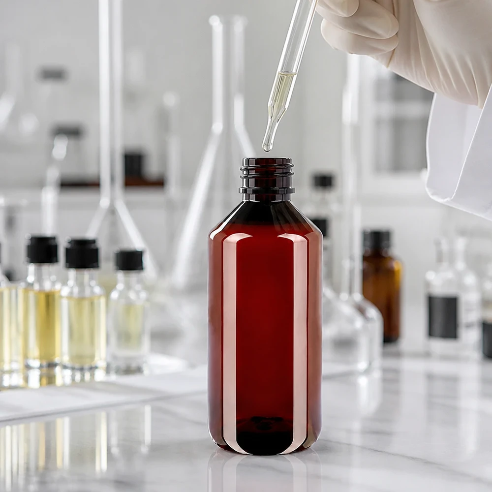50 ml PET medicijnfles met verstuiver zwart GCMI 28/410 incl. dop transparant, standaard PET-laboratoriumfles, bruin, 1000 ml, met UV-bescherming en groene dop voor extracten