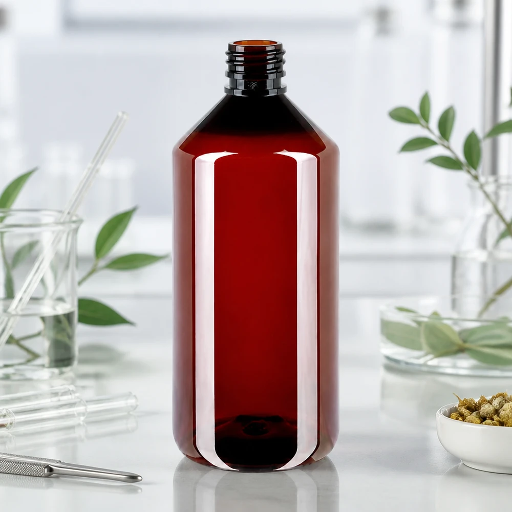 PET fles 1000ml met ontgassingsdop rood Lichtbeschermende PET-fles van 1000 ml in donker roodbruin beschermt lichtgevoelige vloeistoffen