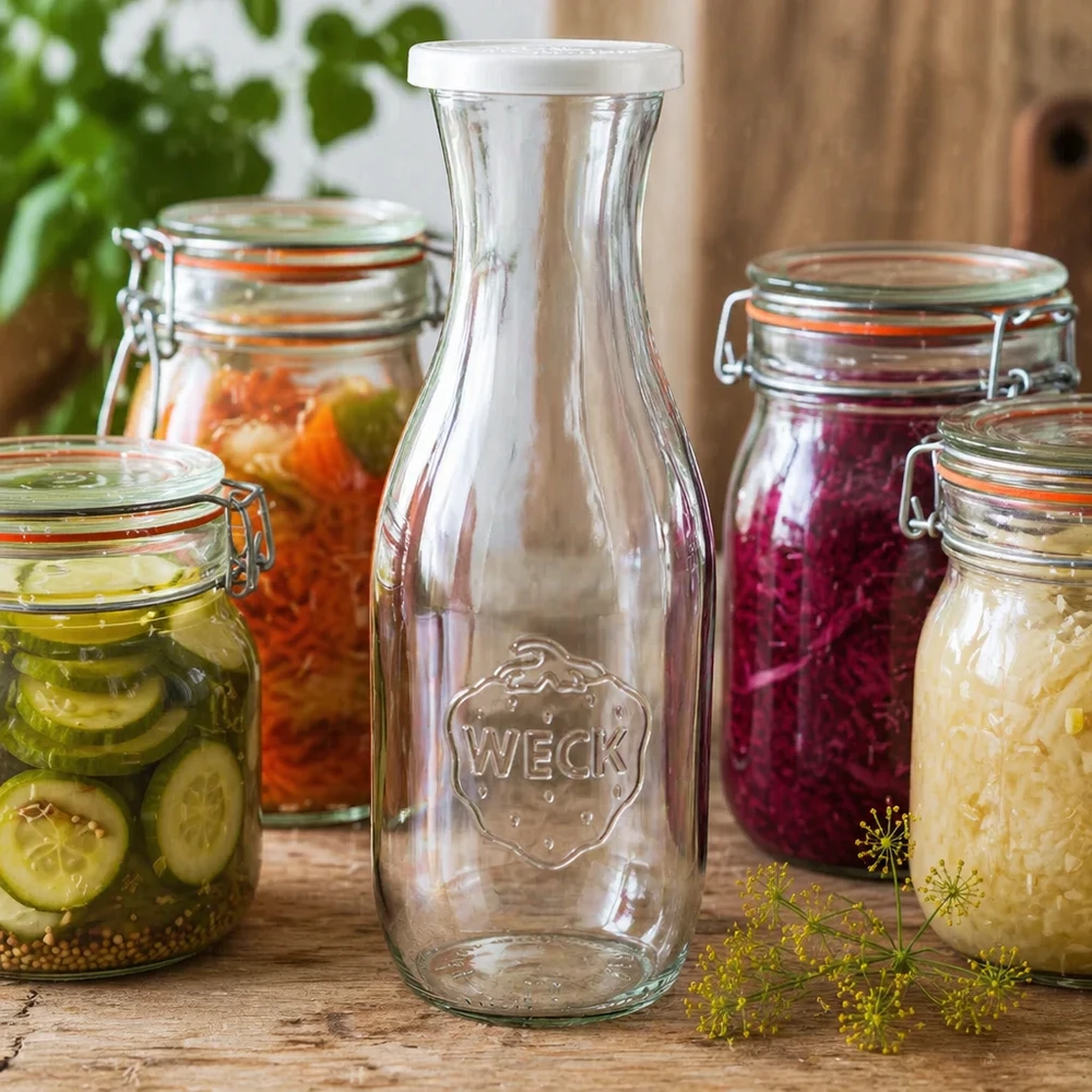 Sapfles van 1062 ml met vershouddeksel WECK RR60 WECK Saftflasche 1062ml mit Frischedeckel als stilvolle Dekoration zwischen bunten Einmachgläsern mit eingelegtem Gemüse