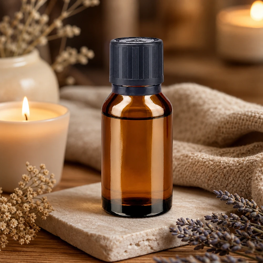 Bruine glazen fles 15ml met zwart druppelsluiting 1mm kinderslot Bliw. VR Amberkleurige glazen flacon van 15 ml met zwarte veiligheidssluiting in een wellness-sfeer