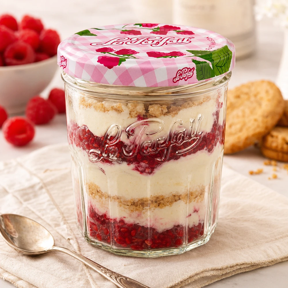 324ml Le Parfait bekers met framboos en mascarpone dessert en decoratieve schroefdeksel naast lepel en koekjes