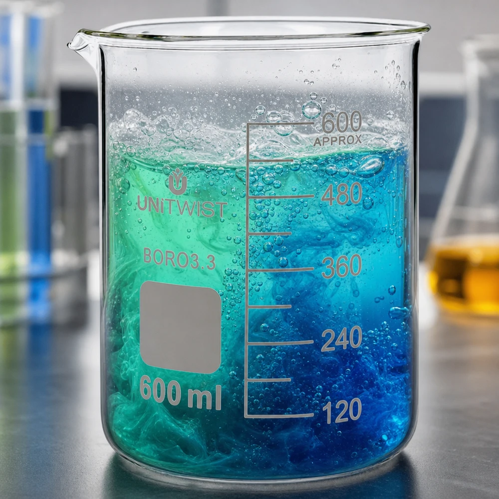 Beker 600ml borosilicaat, lage vorm UNiTWIST UNiTWIST bekerglas 600 ml van hittebestendig Boro3.3-glas voor chemische proeven