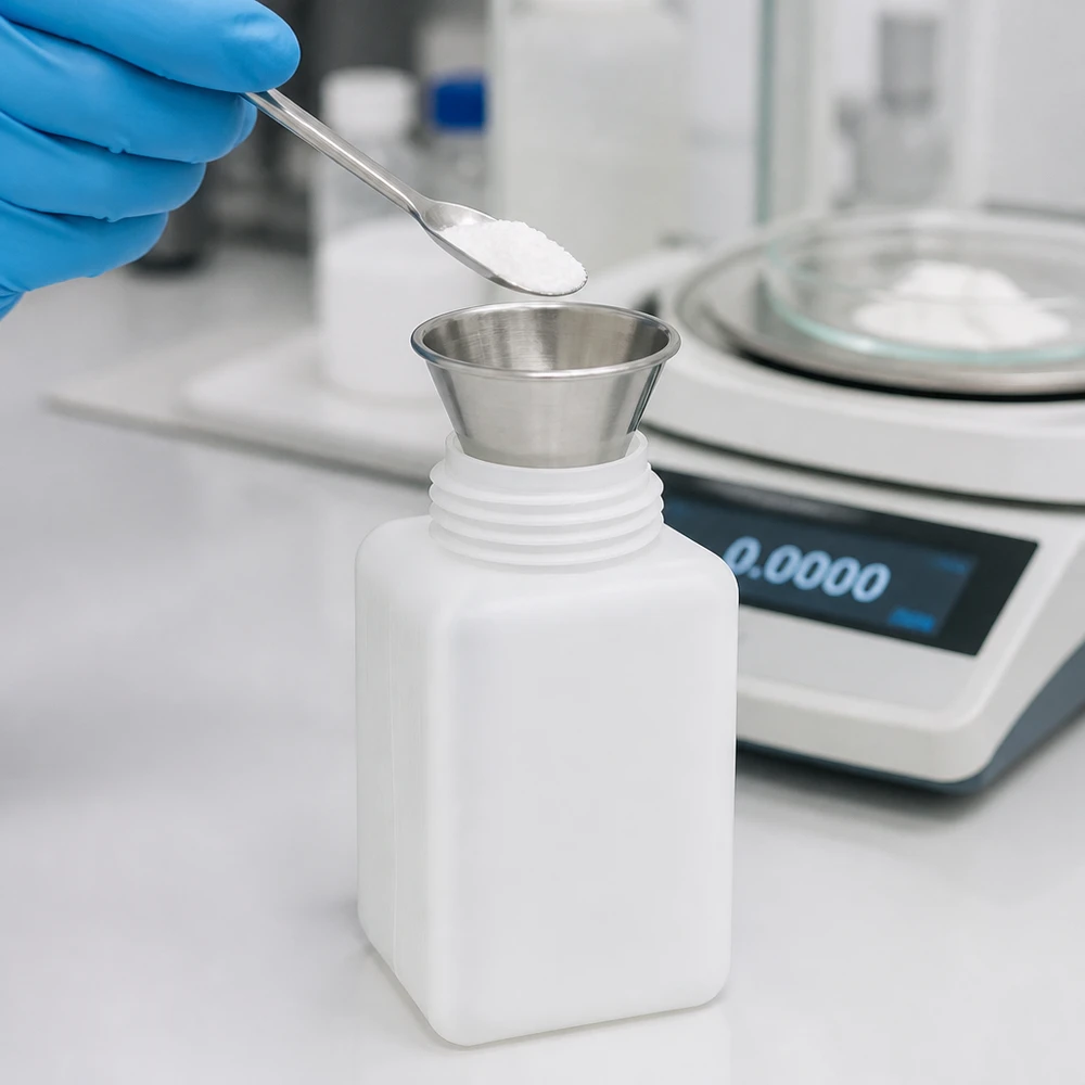 Chemicaliënfles 1000 ml, nauwe hals, incl. sluiting GL 32 Rechthoekige PE-HD-fles met smalle hals, 1000 ml, naturel, voor chemische poeders en vaste stoffen