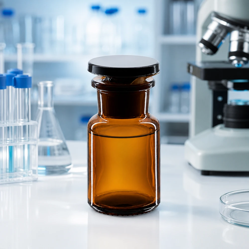Bruine rondschouderfles van 50 ml met brede hals en stop, voor chemicaliën en reagentia