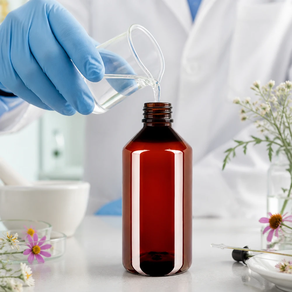 PET-fles 750 ml met zwarte spuitdop OV PET-ronde fles van 750 ml, amberkleurig, met veiligheidssluiting voor natuurgeneeskunde en laboratoriumgebruik