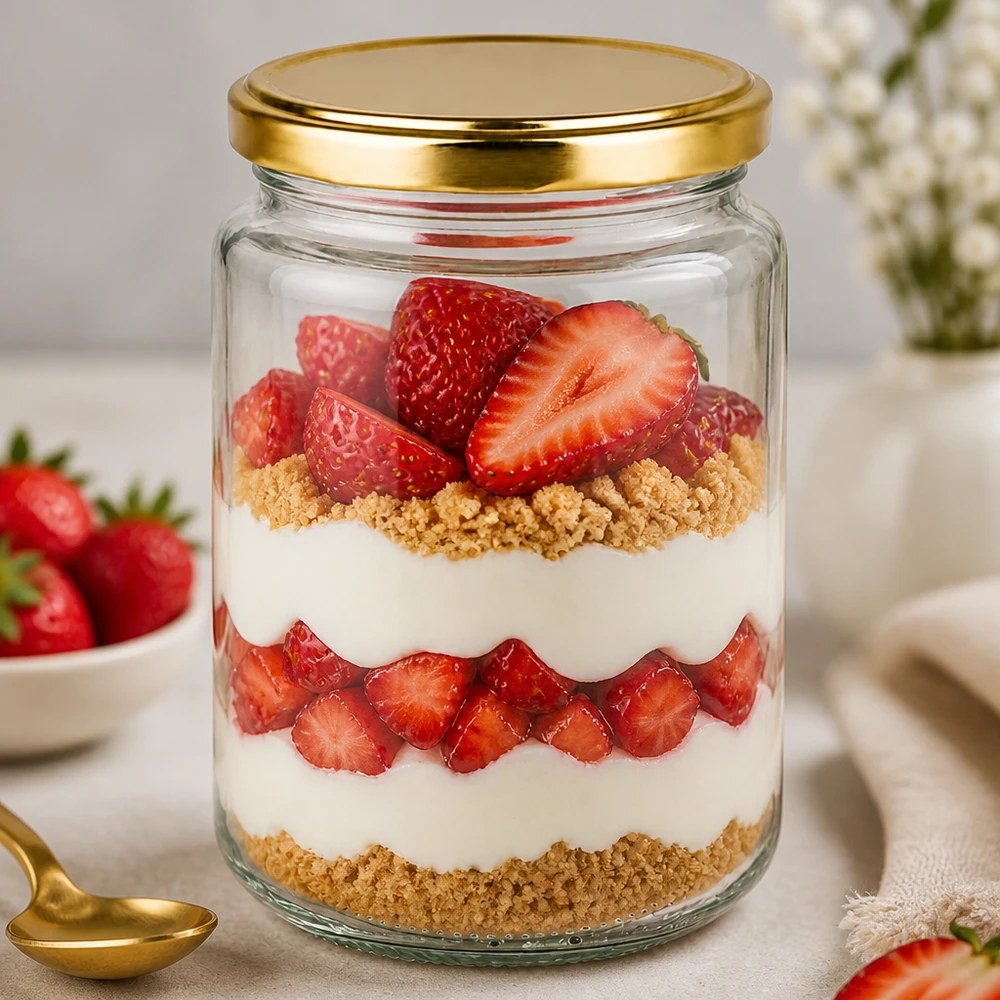382 ml rond glas met gouden deksel als dessertglas met aardbeien en koekkruimels in een elegante keukensetting
