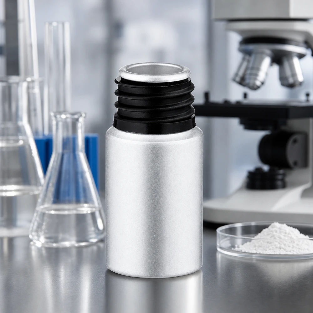 Lichtgewicht aluminium monsterflesje van 10 ml met zwarte dop voor wetenschappelijke doeleinden