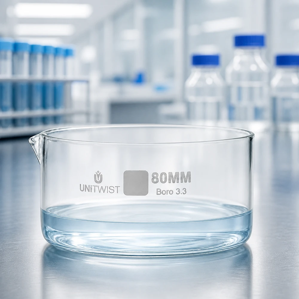 Vlakke glazen schaal 80 mm UNiTWIST met helder water, laboratoriumborosilicaatglas, zijaanzicht