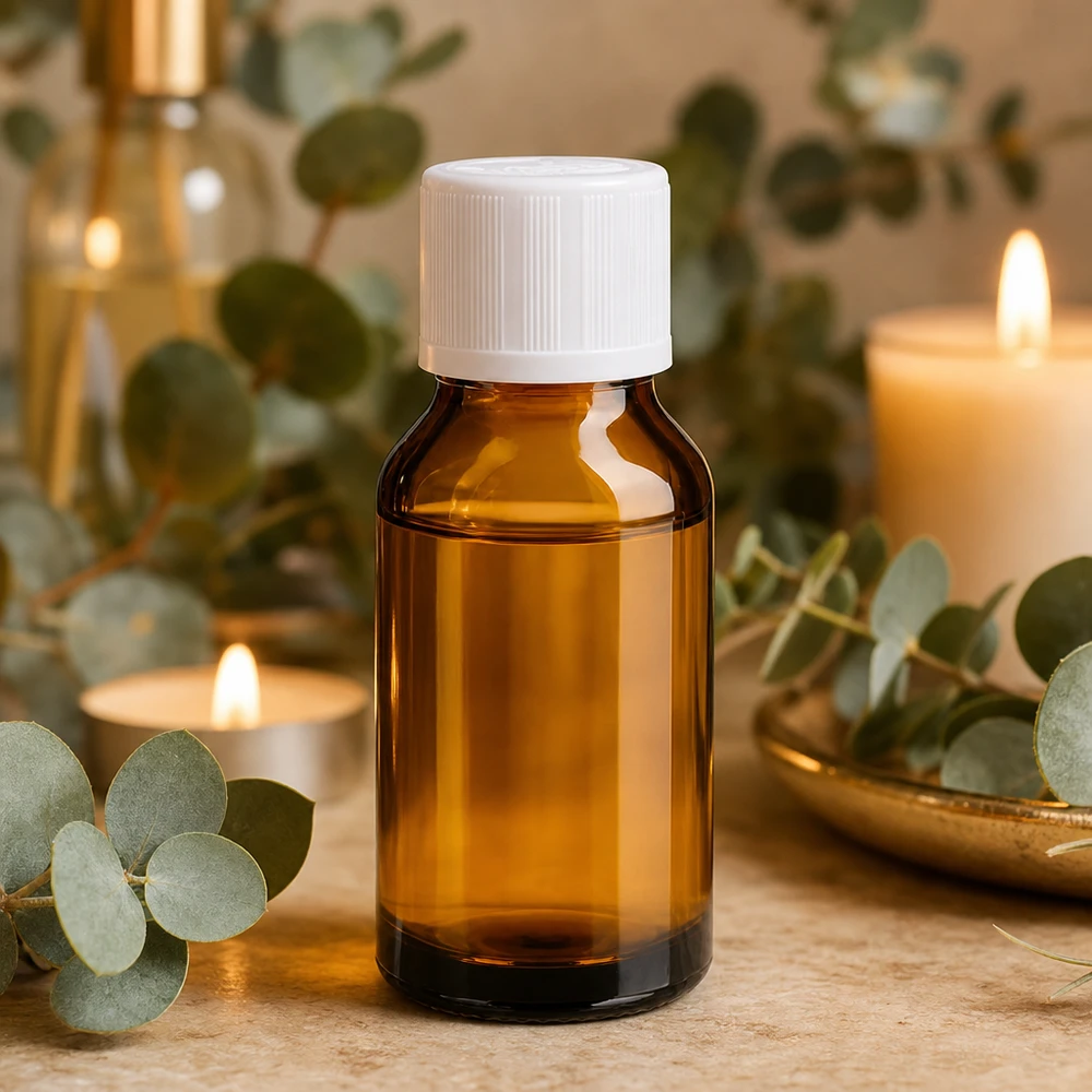 Compacte bruine glazen fles van 15 ml met UV-bescherming en een kindveilige witte dop