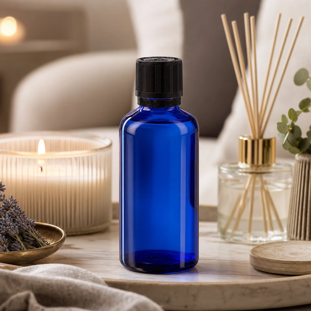 Blauw flesje van 50 ml met een zwarte dop met originaliteitszegel, tussen lavendel en geurkaars
