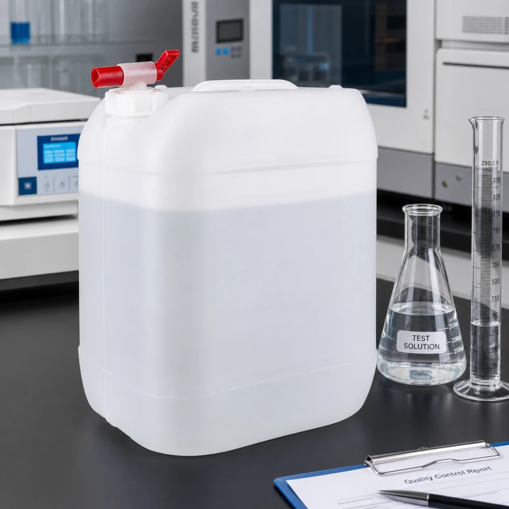 Professionele laboratoriumjerrycan van 20 liter met kwaliteitscontroleverslag en laboratoriumapparatuur op de achtergrond