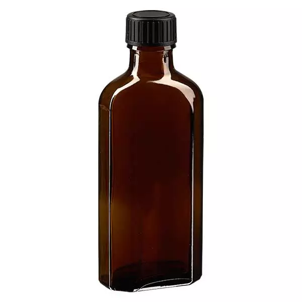 100 ml bruine meplatfles met DIN 22 monding, inclusief schroefsluiting DIN 22 zwart van LKD