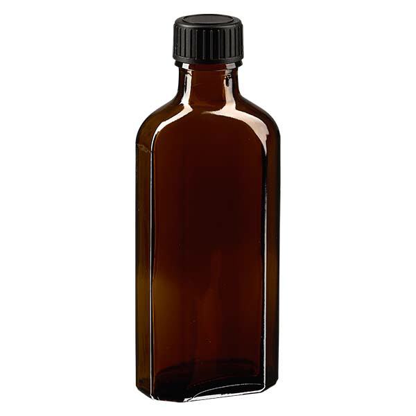 100 ml bruine meplatfles met DIN 22 monding, inclusief schroefsluiting DIN 22 zwart van LKD 100 ml bruine meplatfles met DIN 22 monding, inclusief schroefsluiting DIN 22 zwart van LKD