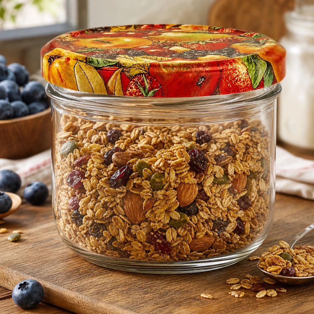260 ml inmaakpot met fruitdeksel gevuld met muesli en noten als voorraadpot in de keuken
