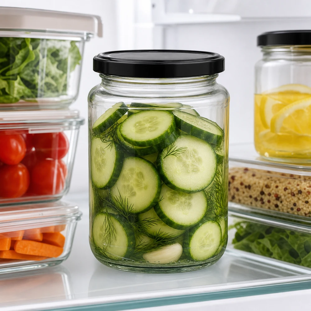 382ml rond glas met BasicSeal deksel zwart UNiTWIST 382ml BasicSeal zwarte ronde pot met ingemaakte komkommerschijfjes Dille in de koelkast naast voorraadbakjes